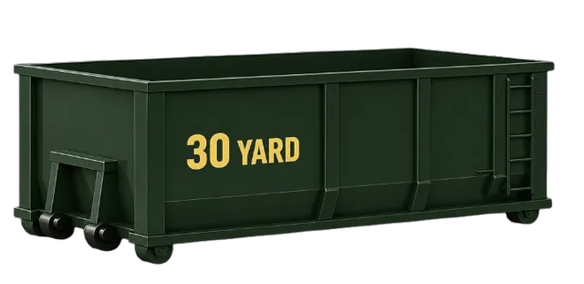 25-yard roll-off dumpster container, green, side view